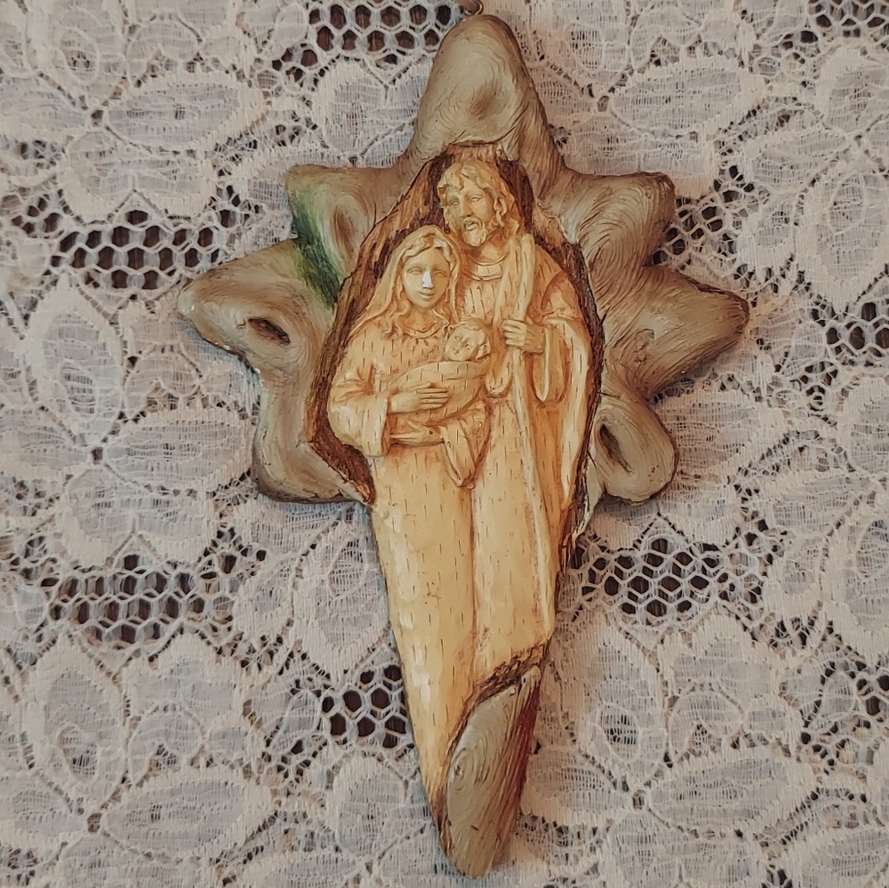 Holy Family Wood Look Christmas Ornament Star Shape Mary Joseph and Baby Jesus